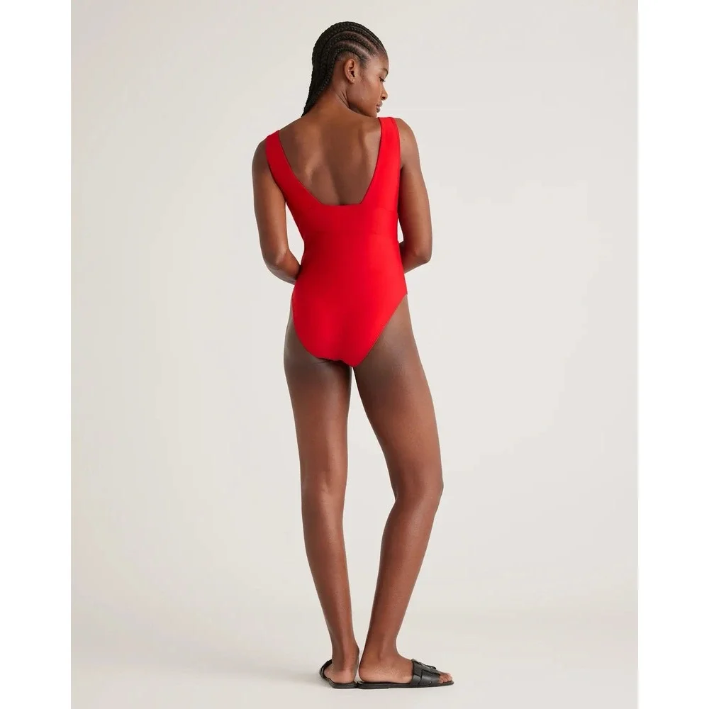 NWT Quince Cherry Red Italian Plunge One-Piece Swimsuit Size Large